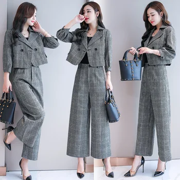 Mood Kevad-Sügis elegantne naiste komplektid korea pluss suurus ruuduline ülikond jope ja lai jalg püksid 2 töö seab naiste Püksid sobivad