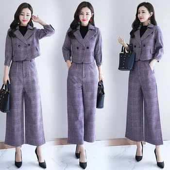 Mood Kevad-Sügis elegantne naiste komplektid korea pluss suurus ruuduline ülikond jope ja lai jalg püksid 2 töö seab naiste Püksid sobivad