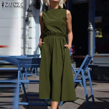 Mood Naiste Tahke Sundress ZANZEA 2021 Suvine Kleit Kõrge Vöökoht Ruffle Keskel Claf Vestidos Varrukateta Põhjuslik Kleit Pluss Suurus