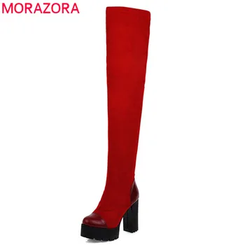 MORAZORA 2020 hot müük naistele üle põlve saapad õhuke seksikas Venitada saapad square kõrge kontsaga kingad, platvorm kingad naine pool kõnniteed kingad