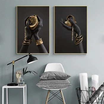 Must ja kuldne Käsi kuldkäevõru õlimaal Lõuendil Aafrika Kunsti Plakatid ja Pildid Seina Art Pilt elutuba