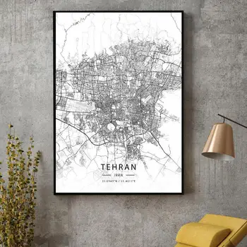 Must ja Valge Teheran, Iraan Valge Laius-ja Pikkuskraad Lõuend Art Map Plakat