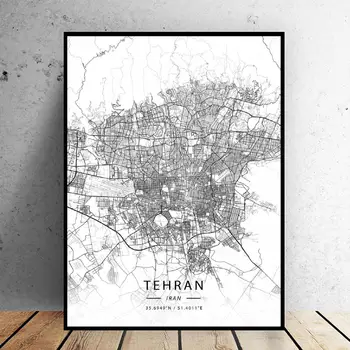 Must ja Valge Teheran, Iraan Valge Laius-ja Pikkuskraad Lõuend Art Map Plakat
