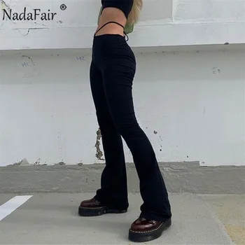 Nadafair Seksikas Sidemega Skinny Flare Püksid Naiste Kõrge Vöökoht Street Bodycon Mustad Püksid Naiste Harajuku Pantalon