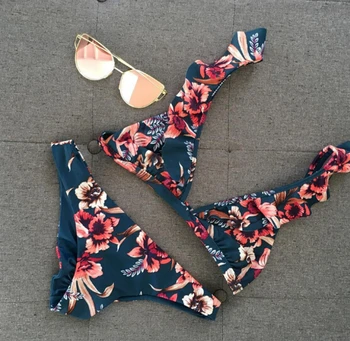 Naiste Kaks Tükki Bikiinid Komplekti Õie Push-up (Polsterdatud Rinnahoidja Ruffles Sidemega Kolmnurk Ujumistrikoo Kolmnurk Supelrõivad trikoo Beachwear