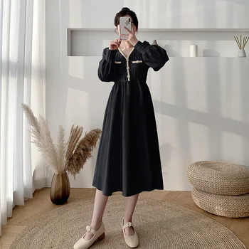 Naiste prantsuse Stiilis Kleit Tahked V-Kaeluse Puhvis Varrukad Keskmise Pikkusega Kleit Impeeriumi Nupp-Line Kleit Sügis Kevad 2021