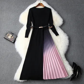Naiste sügis-talv kootud kampsun kleit on must vöö segast plisseeritud midi elegantne pika varrukaga kleidid