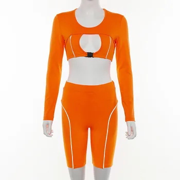 Neoon Oranž lühikesed Püksid Komplekt Peegeldav Triipudega Naiste 2 Töö Seab Fitness Daamid Saagi koos Kõrge Vöökoht lühikesed Püksid Sobitamine Määrab