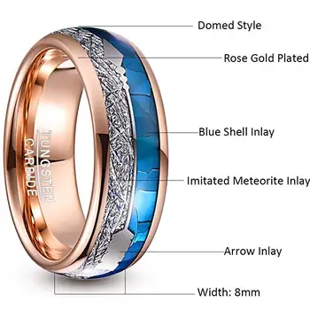 Nuncad 8mm Lai volframkarbiidi Ring Rose Gold Plating Inkrusteeritud Sinine Kest + Meteoriit+Nool Dome Volfram Terase Ringi T225R