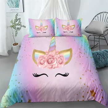 Objekte naeratus ükssarvik roosa printsess tekikott set kuningas kuninganna täieliku twin suurus voodipesu komplekt