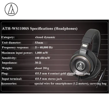 Originaal Audio-Technica ATH-WS1100iS Juhtmega Kõrvaklapid Kaasaskantav HiFi Hi-Res Solid Bass Professional Koos Mic, pult