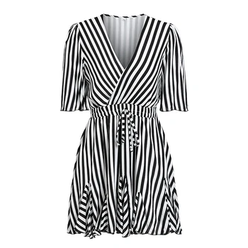 Pariisi Tüdruk Naiste Vintage Triibuline Kleit V Kaela Ruffle Puuvill Lühike Suve Kleit Seksikas Casual Kleit
