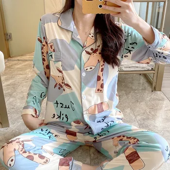 Pidžaama Komplekt Naine 2021 Kevad-Sügis Komplekt 2TK Naiste Vabaaja Turn-Down Sleepwear Pikad Varrukad Cartoon Nightwear Tüdruk Pluss Suurus