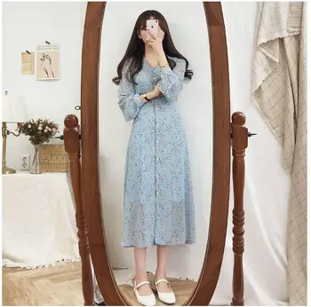 Pikk, Ilus Sifonki Kleidid Suvel Naiste Flhjlwoc Korea Jaapani Stiilis Sinine Valge Õie Printida Retro Vintage Šikk Kleit 5117