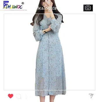 Pikk, Ilus Sifonki Kleidid Suvel Naiste Flhjlwoc Korea Jaapani Stiilis Sinine Valge Õie Printida Retro Vintage Šikk Kleit 5117