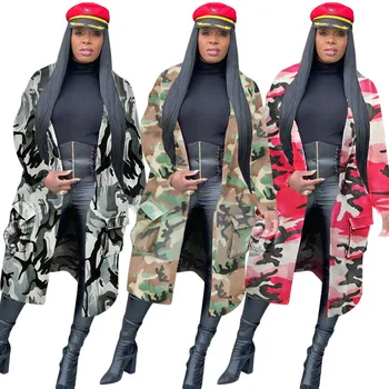 Pluss Suurus Kamuflaaž Camo Jope Mantel Naistele 2020 Liiga Pikk Kampsun, Taskud Sõjalise Streetwear Vabaaja Ülerõivad Chaqueta Mujer