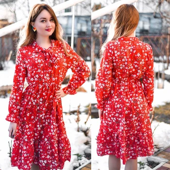 Pluss Suurus Naiste Riided Pikk Varrukas Sifonki Särk Kleidid Naistele Red Bow Õie Klubi Poole aasta Sügisel, Talvel платье 2020 Naine