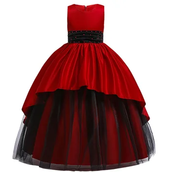 Punane Pikk Kleit 4-14 Aasta Laps Tüdruk Pulmas Lilleneiu Kleit Printsess Pool Pitsi Tagasi Õõnes Tülli Vestidos Kostüüm