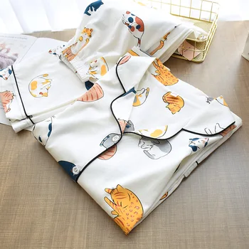 Puuvillane Pidžaama Naiste 2021 Armas Kass Prindi Peace Home Riided 2tk Komplekt Sleepwear Naine Tops+Püksid, Öösärgid Pijama Ülikond