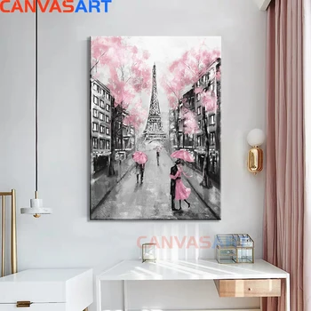Põhjamaade Roosa Eiffeli Torni Tänavate Pari Prantsusmaa Romantiline Armastus Maastiku õlimaal Seina Art Lõuend Maali Kunsti Home Decor