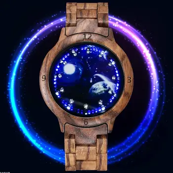 Retro Puidust Watch Fashion LED Puutetundlik Elektrooniline Olge Mehed Naised Sinine Tähine Dial Täis Puidust Käevõru Käekell