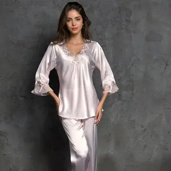 Roosa Naiste Pidžaama Komplekti Imiteerimist Silk Triibuline Pyjama Naiste Sleepwear Komplekti Naiste Kevad Suvi Sügis Naine Homewear