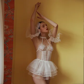 Seksikas Naistepesu Pits Nightdress Valge Pulm Ballett Armas Lolita Mini Nightdress Naiste Sleepwear White Swan Magab Kleit
