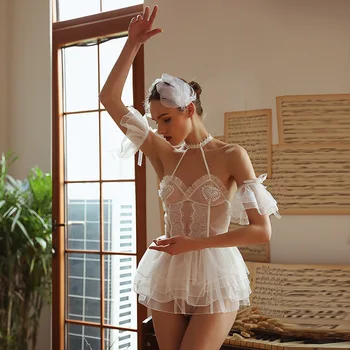Seksikas Naistepesu Pits Nightdress Valge Pulm Ballett Armas Lolita Mini Nightdress Naiste Sleepwear White Swan Magab Kleit