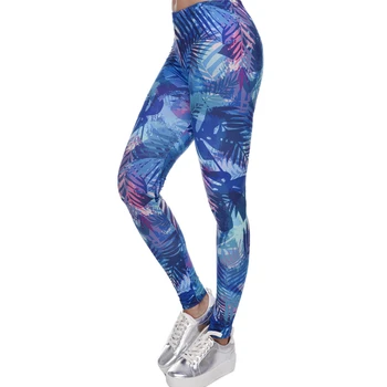 Seksikas Silm Legins Kõrge Vöökoht Stretch Püksid Püksid Naiste Retuusid Troopiliste Lehtede Trükkimine Sinine Fitness Legging