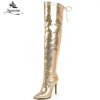 Sgesvier sügis-talv glitter ehitud riie pikad varba üle põlve saapad hõbe kuld naiste kingad tõmblukk pikad saapad OX956