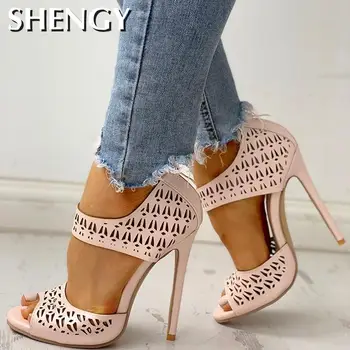SHENGY 2020 Mood Naiste Suve Sandaalid Peep Varba Õõnes Läbi Kõrge Sandaalid Zip Rooma Pulm Asukoht Kingad Naiste roosa