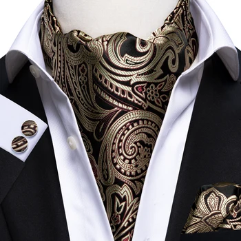 Silk Luksus Paisley Sall Lips Must Kuldne Ascot Cravat Komplekt Meestele Vintage Casual Suur Õie Pulm Kaela Pael Tasku Ruudu Komplekt