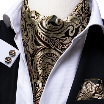 Silk Luksus Paisley Sall Lips Must Kuldne Ascot Cravat Komplekt Meestele Vintage Casual Suur Õie Pulm Kaela Pael Tasku Ruudu Komplekt