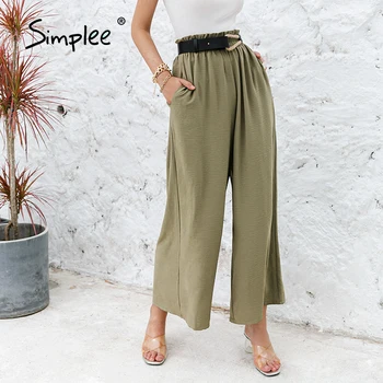 Simplee värviga kõrge vöökoht lai jalg püksid naiste Lahtised vabaaja suve püksid püksid Klassikaline ruffled pehme pikk naine põhjad