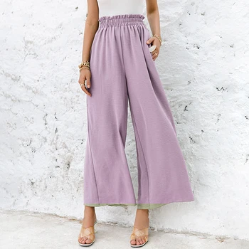 Simplee värviga kõrge vöökoht lai jalg püksid naiste Lahtised vabaaja suve püksid püksid Klassikaline ruffled pehme pikk naine põhjad