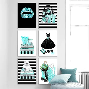 Sinine Lill Huuled Kass Kõrged Kontsad Kotti Kleit Seina Art Lõuend Maali Nordic Plakatid Ja Pildid Seina Pildid Elutuba Decor