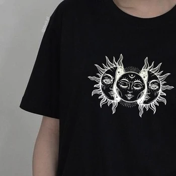 Solar Eclipse Päike Ja Kuu T-Särk Naiste Must T-Särk Vintage Stiili Esteetiline Grunge Tees Gooti Hipsters Riided