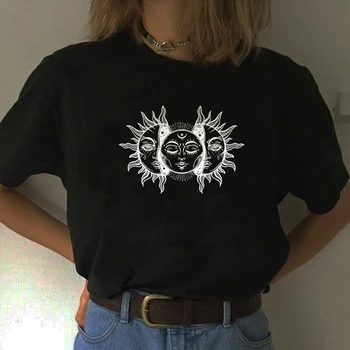 Solar Eclipse Päike Ja Kuu T-Särk Naiste Must T-Särk Vintage Stiili Esteetiline Grunge Tees Gooti Hipsters Riided