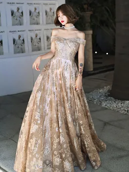 SSYFashion Uus Pidulik Elegantne Kuld õhtukleit Paadi Kaela Põranda-pikkus Litrid Pikk Kõnniteed Ametliku Kleit Vestidos De Noche