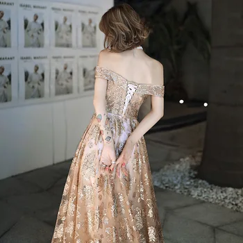 SSYFashion Uus Pidulik Elegantne Kuld õhtukleit Paadi Kaela Põranda-pikkus Litrid Pikk Kõnniteed Ametliku Kleit Vestidos De Noche
