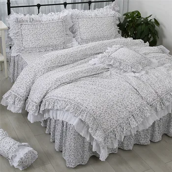 Super kuum voodipesu komplekt Romantiline pits ruffle tekikott prindi dekoratiivsed padjapüürid Kuninganna voodi lehel Coverlet tekk kate komplekt