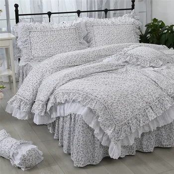 Super kuum voodipesu komplekt Romantiline pits ruffle tekikott prindi dekoratiivsed padjapüürid Kuninganna voodi lehel Coverlet tekk kate komplekt