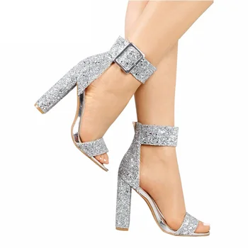 Suvel hõbe sandaalid naistele luksus bling blokeerida kõrged kontsad pool kingad daamid seksikas avatud varvas pahkluu rihm pulm kingad sandalias
