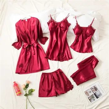 Suvel Seksikas Pits Nightwear Pidžaama Komplekt Naistele Kevad Silk Satin Sleepwear 5 tk Öö Ülikond Rinna Padjad Kaste Kleit