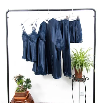Suvel Seksikas Pits Nightwear Pidžaama Komplekt Naistele Kevad Silk Satin Sleepwear 5 tk Öö Ülikond Rinna Padjad Kaste Kleit