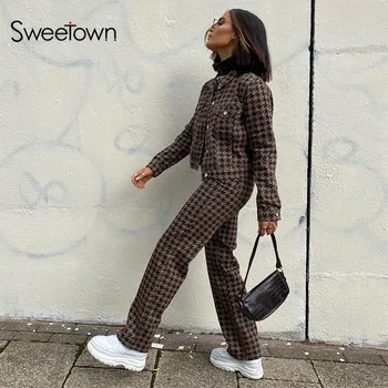 Sweetown Pruun Ruuduline Triip Y2K Sirge Joggers Naiste Streetwear Cargo Püksid Kõrge Vöökoht Vintage 90s Esteetiline Püksid Gooti