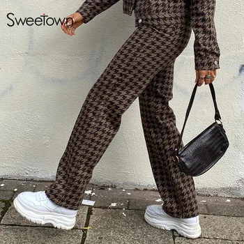 Sweetown Pruun Ruuduline Triip Y2K Sirge Joggers Naiste Streetwear Cargo Püksid Kõrge Vöökoht Vintage 90s Esteetiline Püksid Gooti