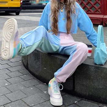 Sügisel Panelled Tracksuit Naiste Jogger Sweatpants Segast Kõrge Vöökoht Naiste Püksid Hip Pop Streetwear Vabaaja Daamid Püksid