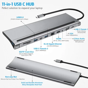 Sülearvuti Docking Stations Kaabel Hub 11 1 Liik-c Dual HDMI/VGA/USB 3.0 Hub/PD/RJ/Micro-SD/TF-Kaart Dock Adapter, kuni 87W