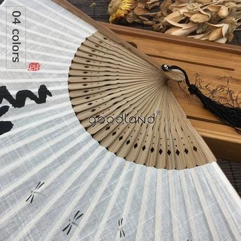 Tasuta kohaletoimetamine 1tk parima kvaliteediga hiina dhyana stiilis valge must hall linane kangas, bambus kokkuklapitavad käsi fänn suvel kunst